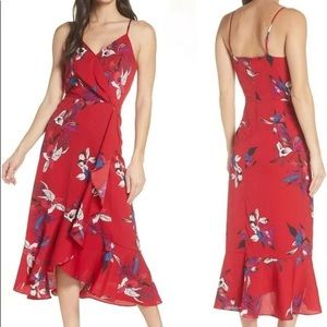 Chelsea28 red ruffle strapless faux wrap dress wedding guest day dress